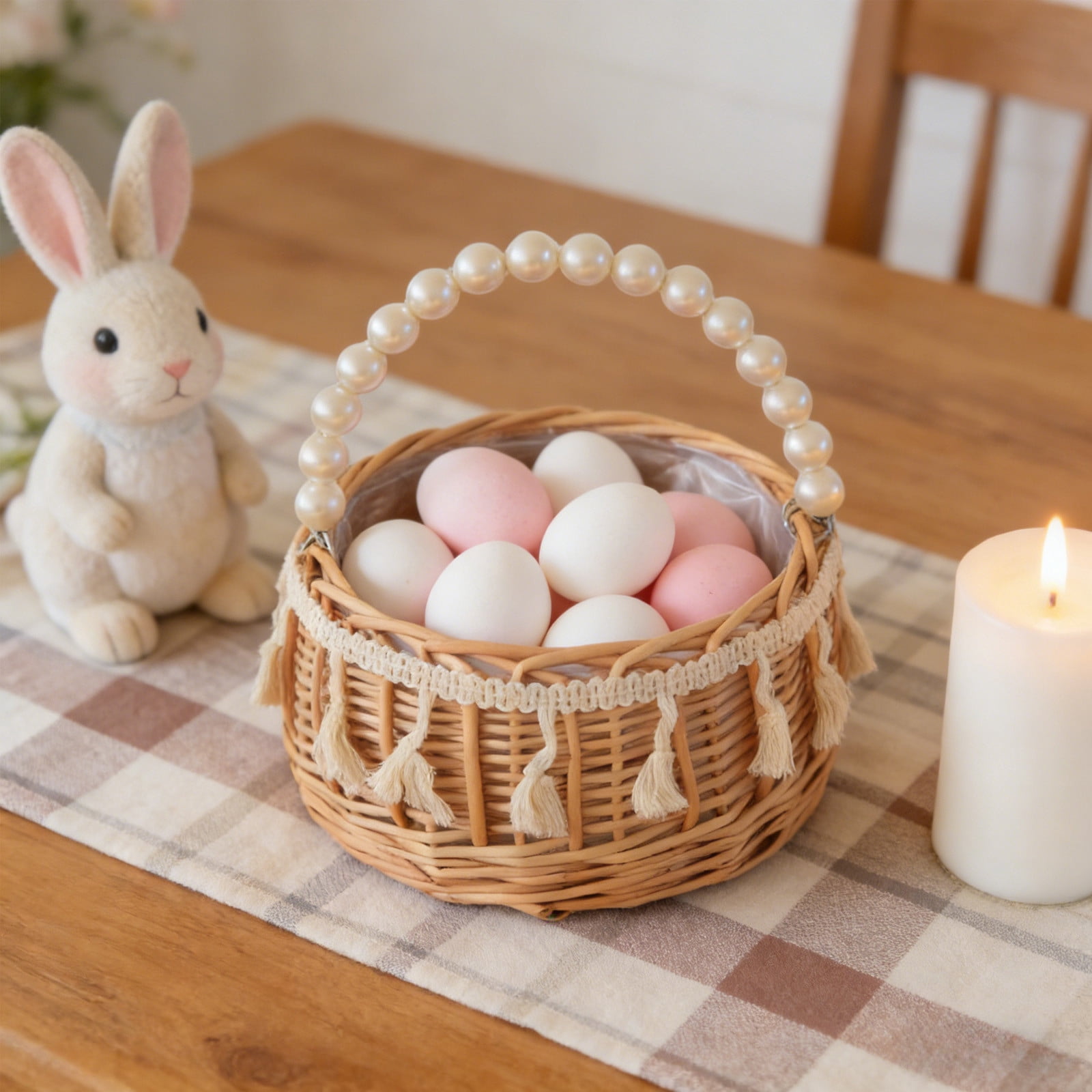 Hyknon Wicker Rattan Flower Girl Basket with Pearl Handle & Tissue Small Hand Woven Gift Storage Basket for Easter Wedding Ceremony Party Supplies