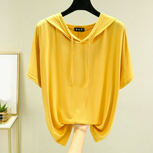 Fiudx Ropa de Mujer Top de Cuello Redondo con Capucha de Manga Corta de Color Sólido Informal y de Moda para Mujer