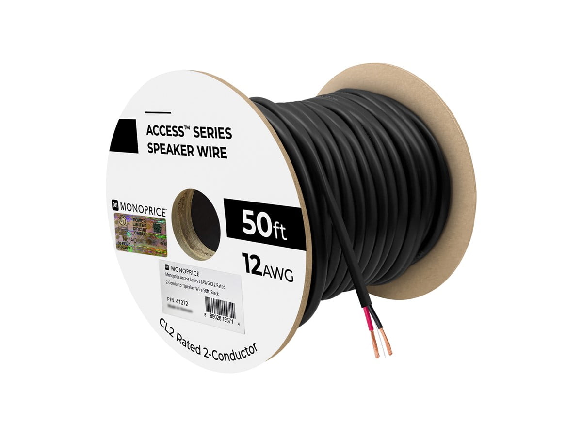 Monoprice Speaker Wire, CL2 Rated, 2-Conductor, 12AWG, 50ft, Black