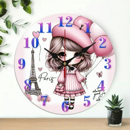 10 inch Wall Clock, Paris, Eiffel Tower, Hearts Print, Wall art Decor Silent Mechanical Movement - Great for Living Room, Kitchen, Dorm Decoration and Daily Practical Gift
