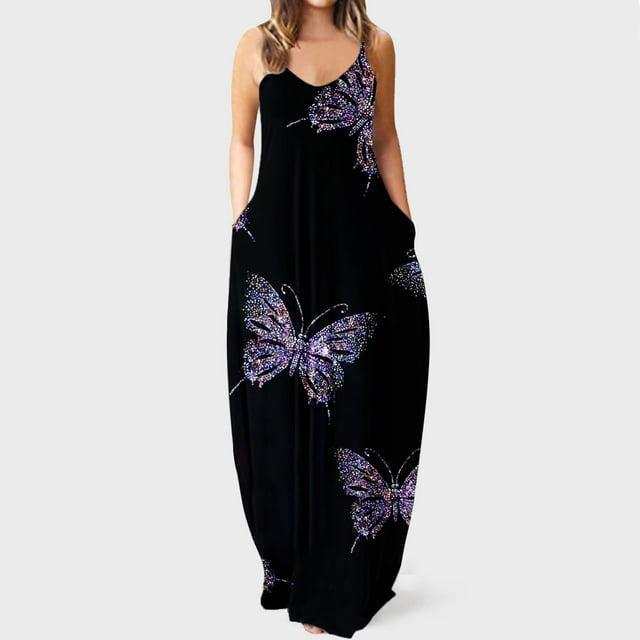 SMihono Robe Maxi Bohème d'Été pour Femmes Grande Taille Mode Femme Bretelles Taille Mi-Haute Col en V Sans Manches Rayée Imprimée Robe Longue de Plage