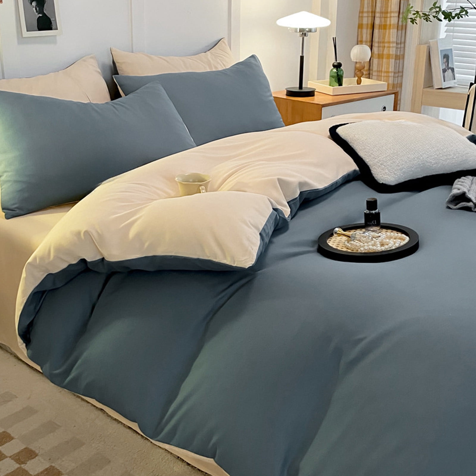4 Piece Bed Sheets 71x87in Bedding Set with Duvet Cover Fitted Sheet 2 Pillowcases Soft Washed Polyester Wrinkle Free Easy Care by PALIFEUR
