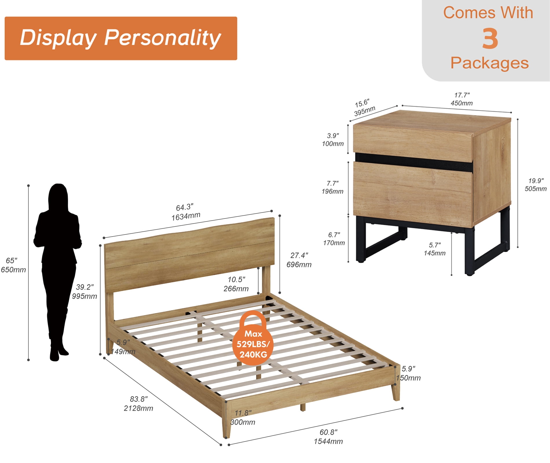 3-Piece Bedroom Set, Queen Bed Frame with Wave Headboard & 2 Nightstand,Oak