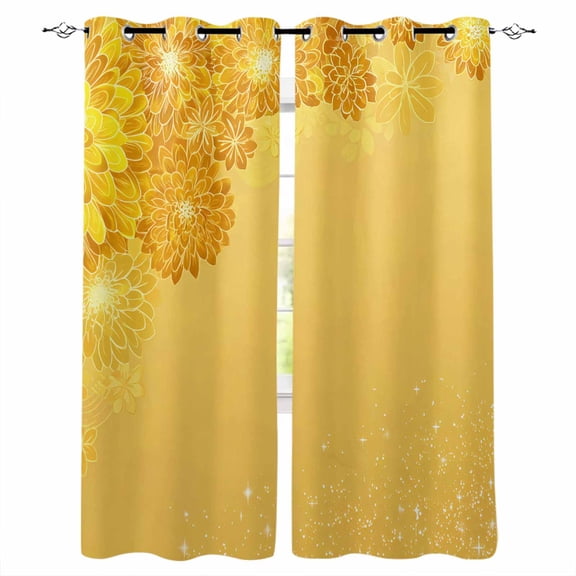 Yellow Golden Floral Blackout Curtains for Bedroom/Living Room, Thermal Insulated Kitchen Curtains, Spring Summer Shiny Flowers Grommet Darkening Window Treatment Drapes 52"x72"x2