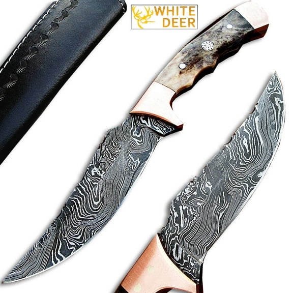 White Deer DamascusBowie W/Giraffe Bone & Copper Bolster EXCLUSIVE 1095HC Forged