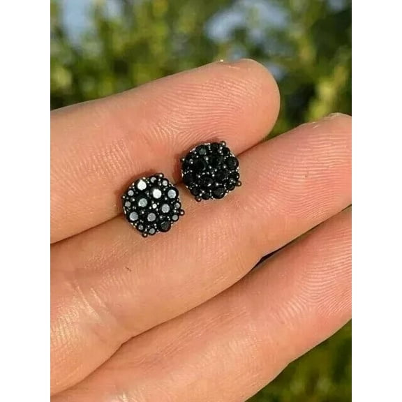 Men's Stud Earrings 14K Black Gold Plated 2.00Ct Round Lab Created Black Diamond