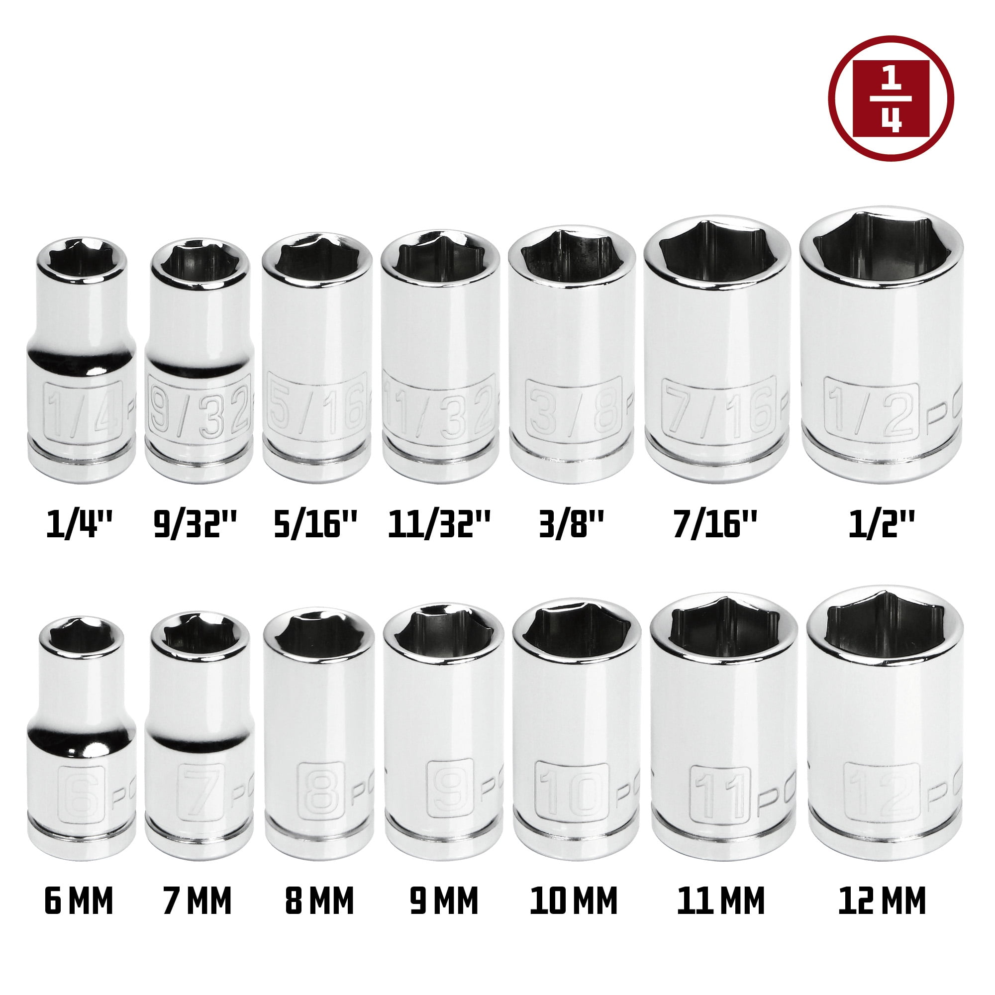Powerbuilt 14 Piece 1/4 Inch Drive SAE & Metric 6 Point Shallow Socket Set - 640087
