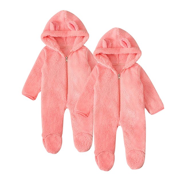 Kovlvoll 2pc Newborn Baby Clothes Fuzzy Fleece Rompers Zipper Hooded Long Sleeve Solid Color Keep Warm Infant Jumpsuit