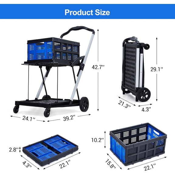 Collapsible Wagon Cart with Wheels, 2-Tier Foldable Grocery Cart & Crates, 360 Swivel, 200LB Capacity for Supermarket Picnic Office