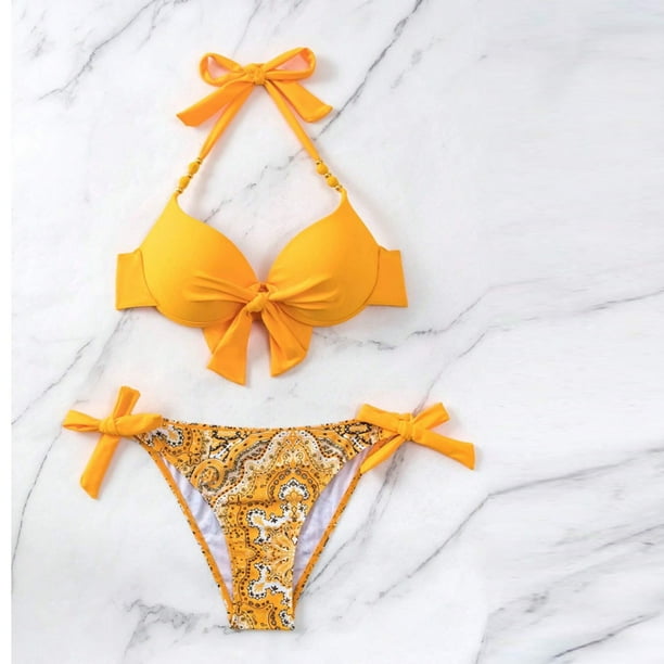 Trajes de baño para mujer, Trajes de baño para mujer Moda casual Traje de baño dividido para mujer Lazo Cinturón alto Cristal Bikini de tres piezas Traje de baño de playa para mujer