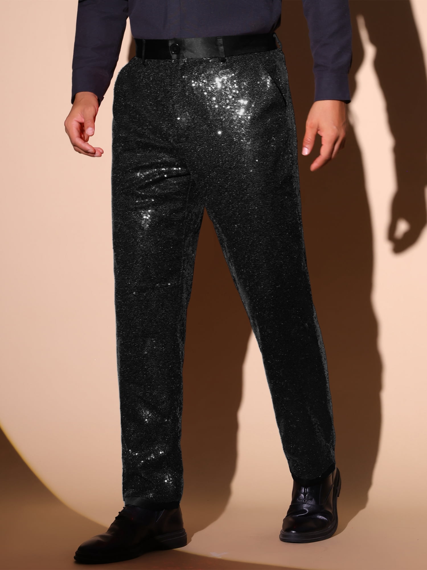 DARING DIVA Men's Shiny Sequin Pants with Straight Leg Design Pants 32 Black