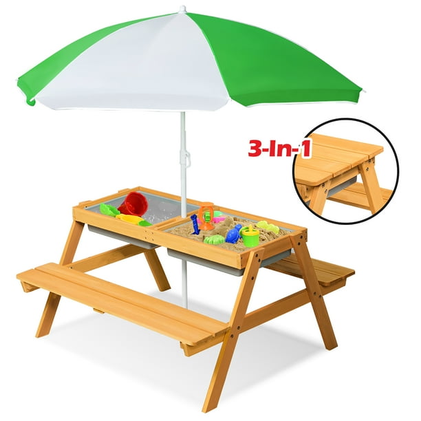 Costway 3 in 1 Outdoor Activity Sand & Water Picnic Table w/ Umbrella