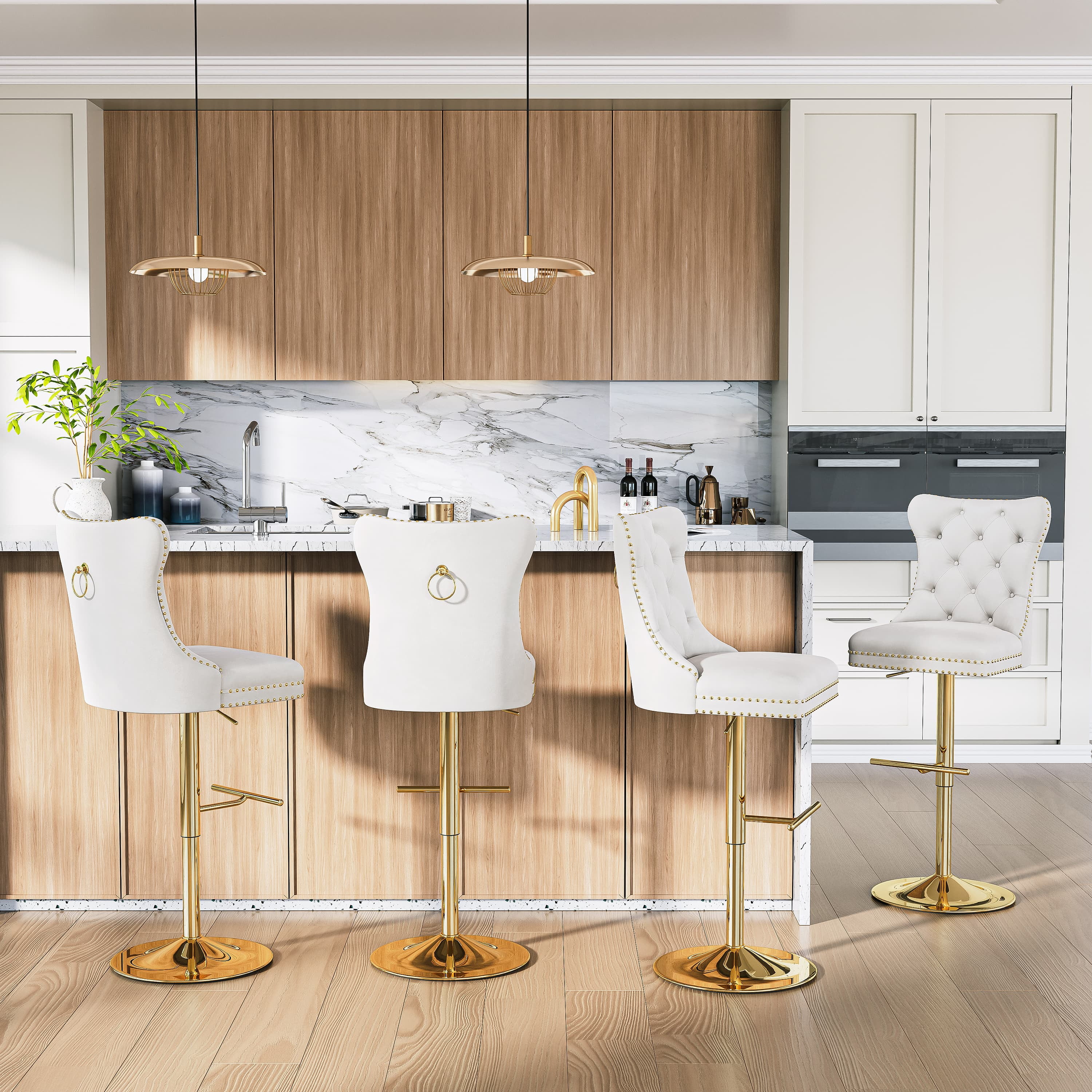 Modern Velvet Bar Stools Set of 2 Adjustable Swivel Counter Height Chairs with Upholstered Back and Nailhead Trim for Home Pub Kitchen Island