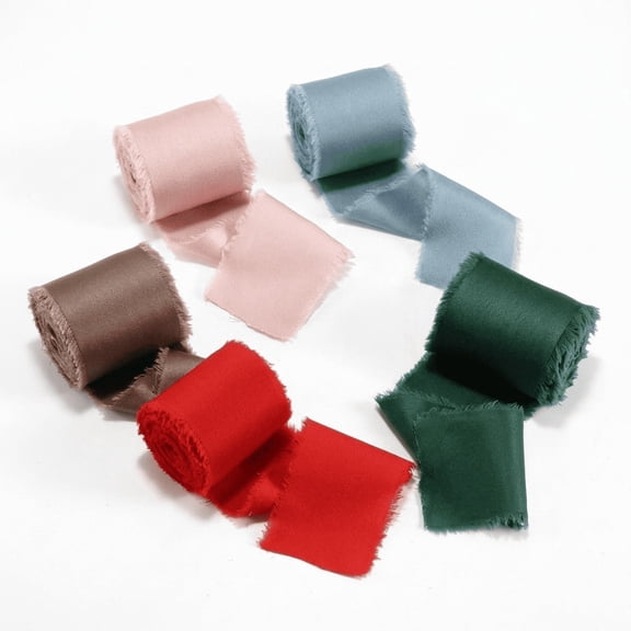 5 Rolls Frayed Edge Satin Ribbon, 25 Yards Multicolor Silk Like Ribbon for Wedding Bouquet Gift Wrapping Decor
