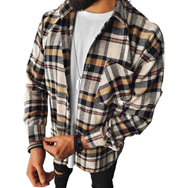 Camisetas de manga larga a cuadros para hombre Camisa de celosía de franela con cuello en V con solapa y bolsillos delanteros