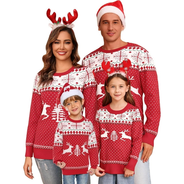 Totatuit Chandail de Noël Assorti pour la Famille Col Rond Rennes Flocons de Neige Chandail Tricoté Laid pour Hommes Femmes
