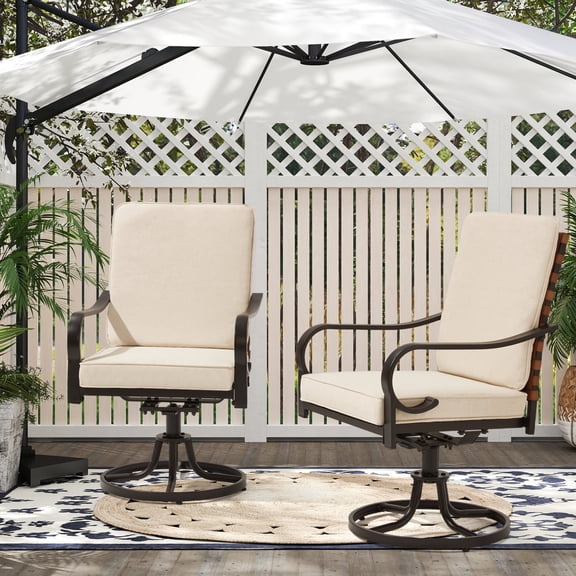 BUPPLEE Swivel Wicker Patio Dining Chairs Set of 2, Metal Frame Outdoor Chairs with Cushions for Garden Backyard, Beige & Gray
