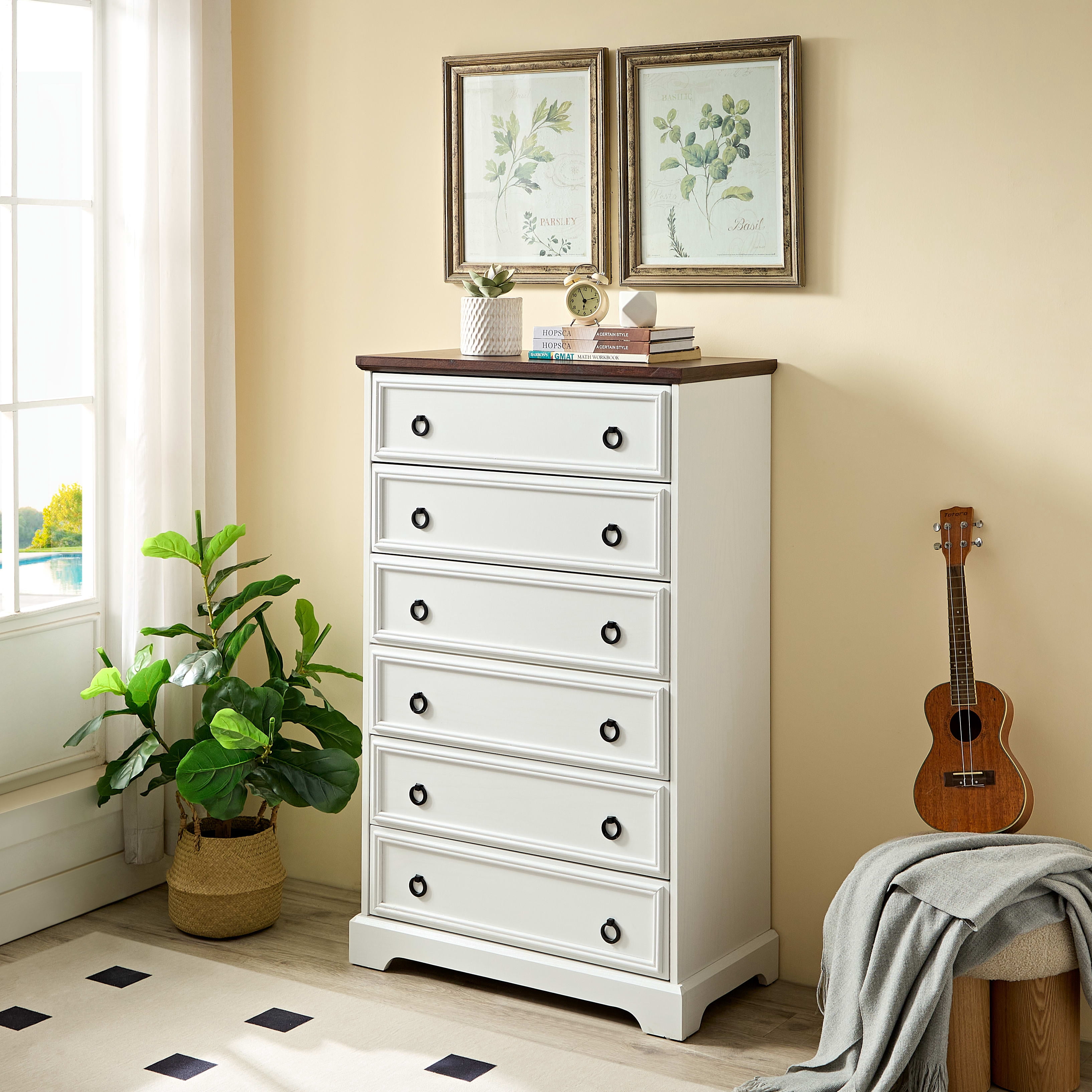 Aukfa 6-Drawer Dresser Chest Tall Drawers Wood Cabinet for Bedroom, White