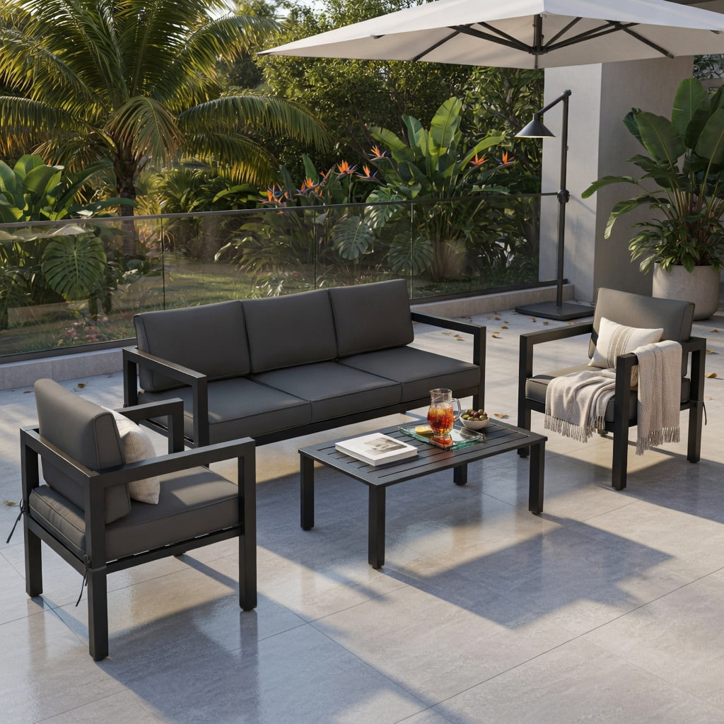 Hommoo 4-Piece Modern Outdoor Patio Furniture Set, Aluminum Frame with Cushions for Backyard, Poolside & Garden, Gray