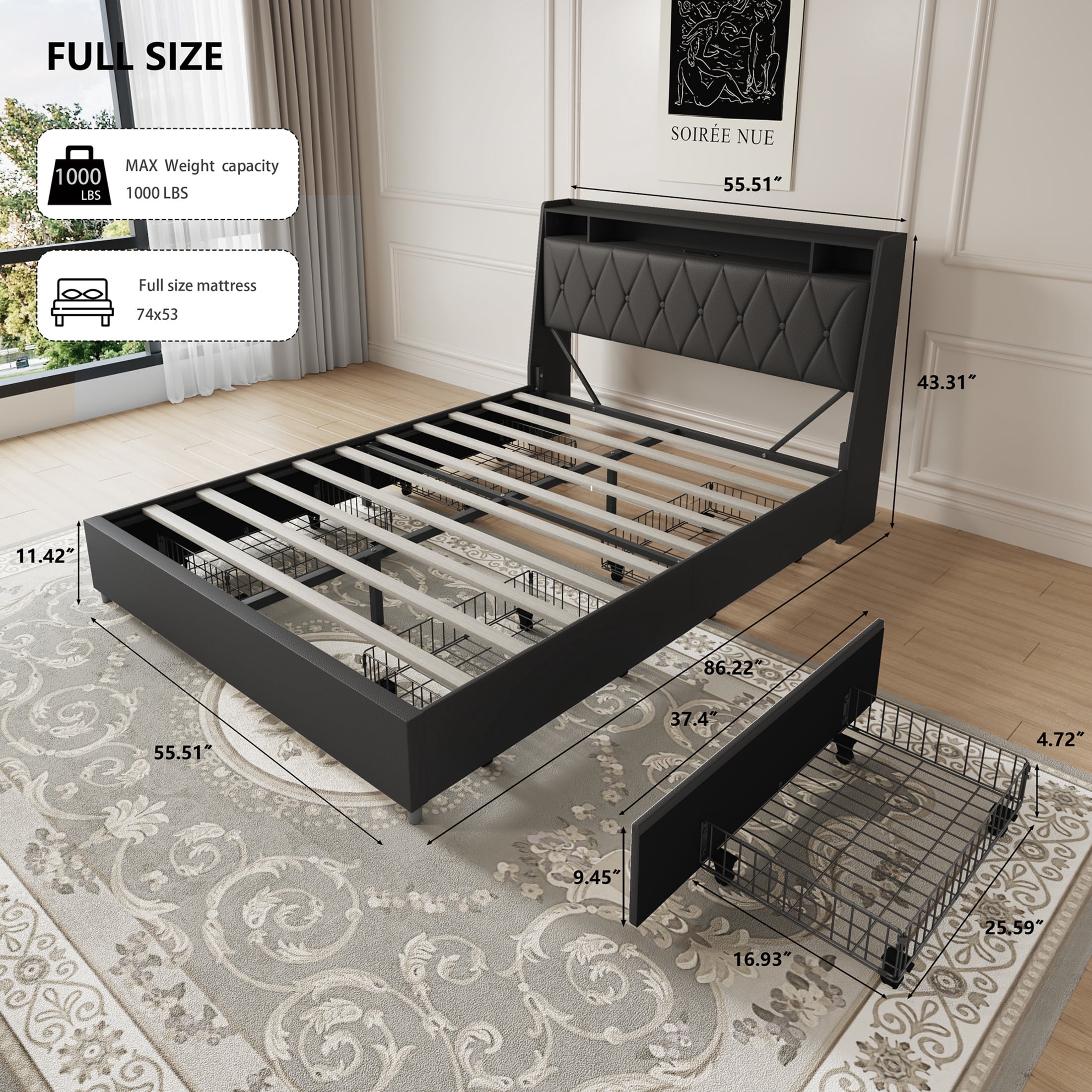 Noble House Lexair Full Size Bed Frame with Ergonomic Headboard, Built-in Outlets & Charger, Storage Shelf, Black