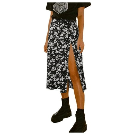 

mveomtd Leopard Flowers High Skirt Women s Print Long Waist Casual Skirt Rainbow Table Skirt White M