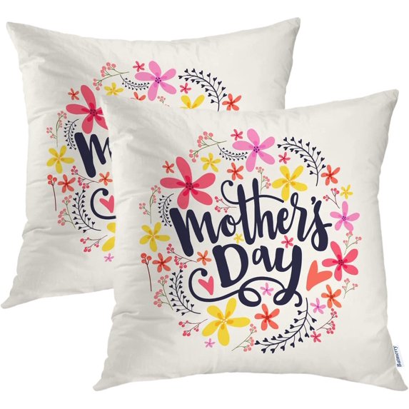 Happy Mother Day Throw Pillow Covers,Text Mother's Day On Colorful Flowers Decorative Pillow Covers Digital Printing Blended Fabric for Couch Sofa Bed Invisible Zipper 16X16 in