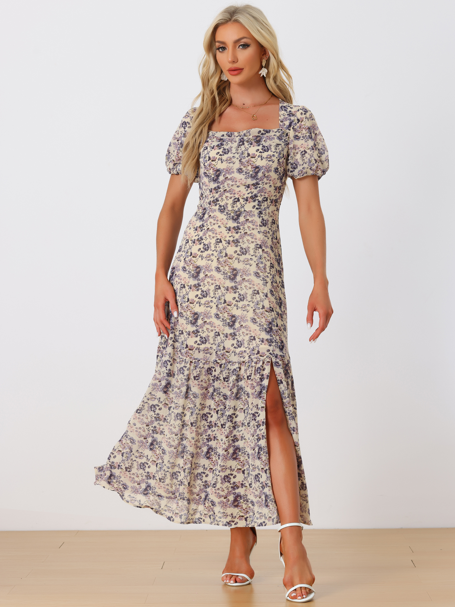 DARING DIVA Smocked Swing Beach Boho Maxi Dress XS Beige Purple