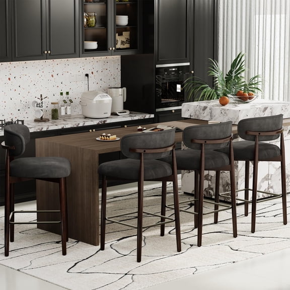 Huisuilinss Bar Stools Set Of 4,Linen Upholstered Counter Height Bar Stools,Wooden Bar Chair,Mid Century Modern Barstools With Back,Wood Legs,Metal Footrest For Dining Room Kitchen Island