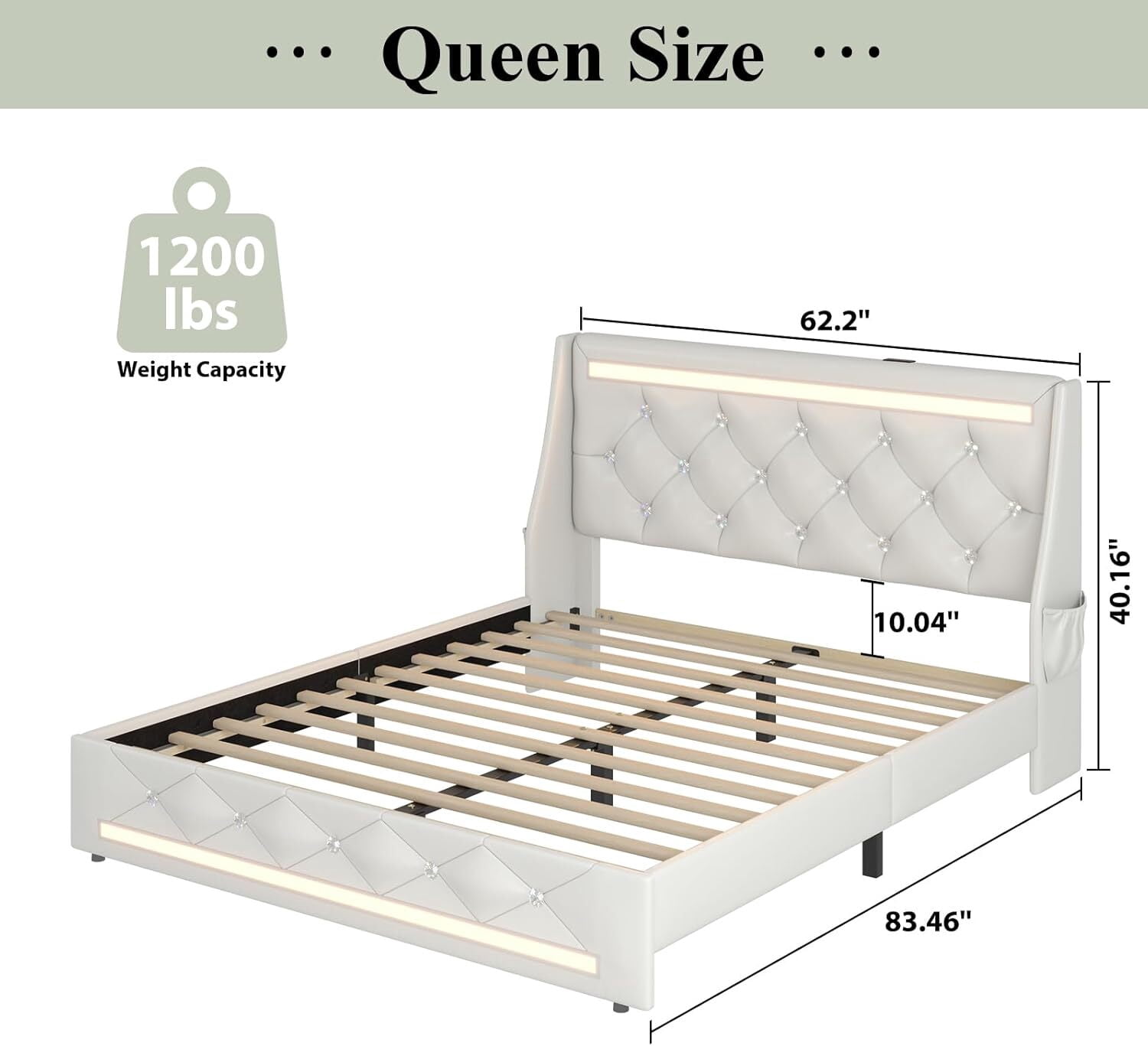 LED Bed Frame with Charging Station,Storage Pockets, Upholstered Platform Bed with Diamond Headboard, Faux Leather, Wooden Slats Support, No Box Spring Needed, Noise Free, Easy Assembly, Queen