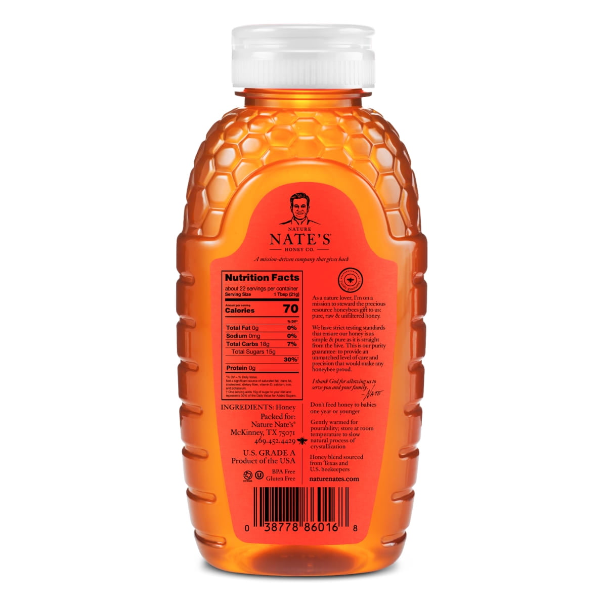 Nate's Texas Honey: 100% Pure, Raw and Unfiltered Honey - 16 fl oz Bottle