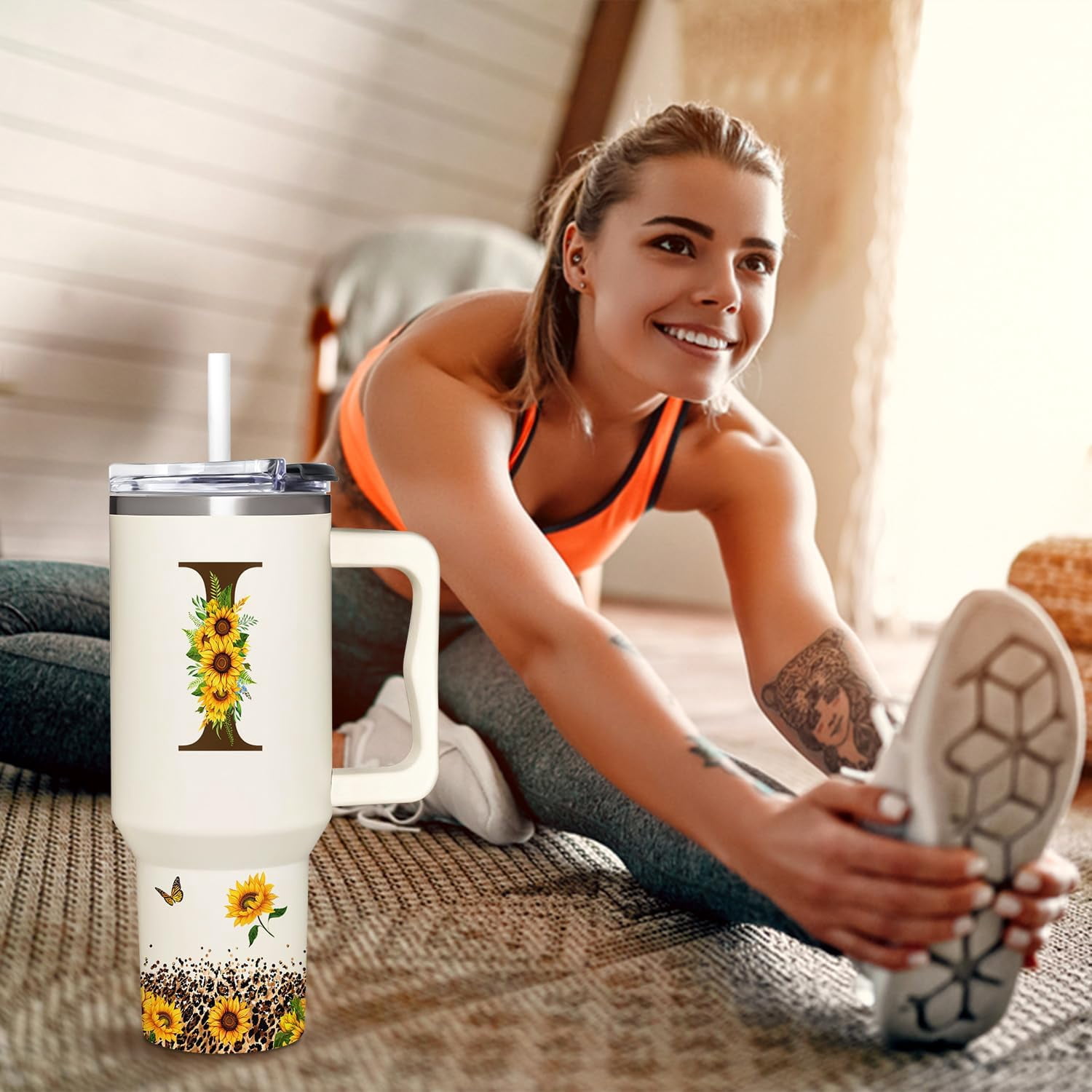 Personalized Birthday Gifts For Women - Sunflowers Monogrammed Cup For Boss Day, Christmas - Customized Gifts For Women, Mom, Wife, Coworkers, Boss Lady, Her - Custom Tumbler With Handle 40oz