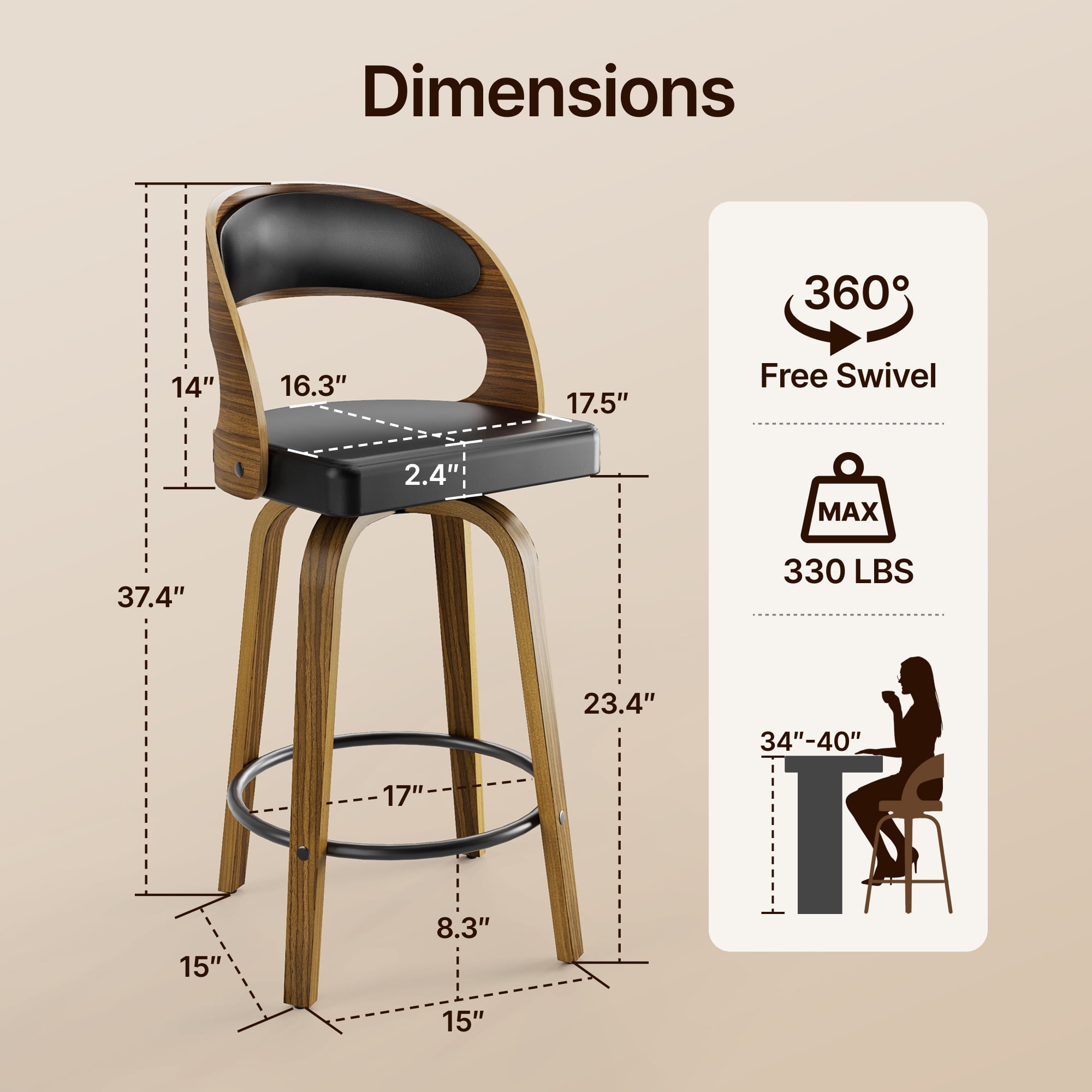 SUNCOZE Counter Height Bar Stools Set of 2, 37 Inch Swivel Bar Chairs with PU Leather Upholstery, Solid Wood Legs, Modern Seating for Kitchen Island & Home Bar