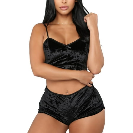 

Women Sexy 2Pcs Lingerie Velvet Crop Top+Shorts Set Sexy Babydoll Underwear Sleepwear