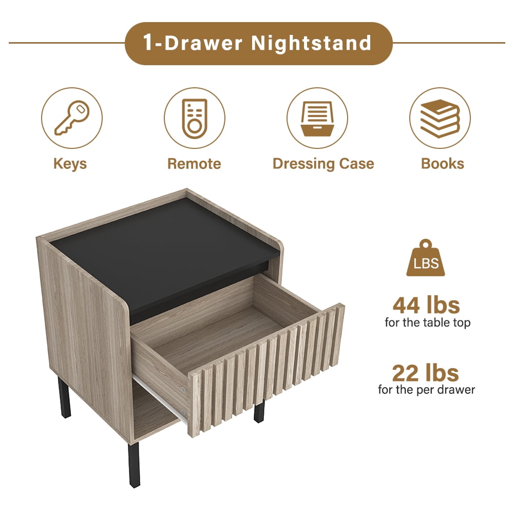 Demi Bonn Nightstand Set of 2, Bedside Table with Decorated Drawers, Wood Accent Side End Table with Storage for Bedroom, Beige