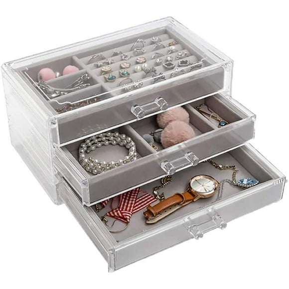 Jewelry Organizer 3 Drawer Velvet Jewellery Box for Women Girls Ring Earring Necklace Bracelet Storage Holder Display Case, Acrylic Clear