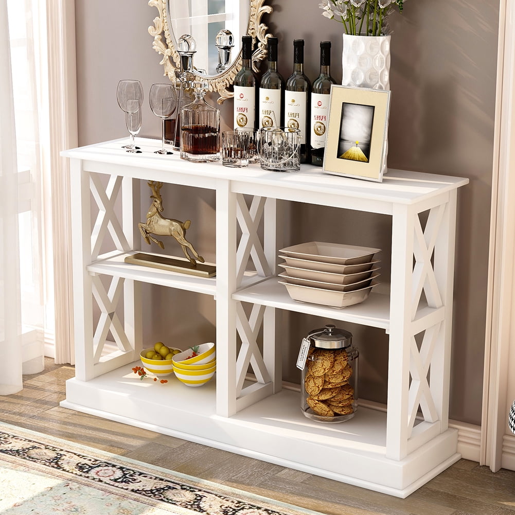 Private Jungle Console Table with 3-Tier Open Storage Spaces and “X” Legs, Narrow Sofa Entry Table (White) Private Jungle Console Table with 3-Tier Open Storage Spaces and “X” Legs, Narrow Sofa Entry Table (White)