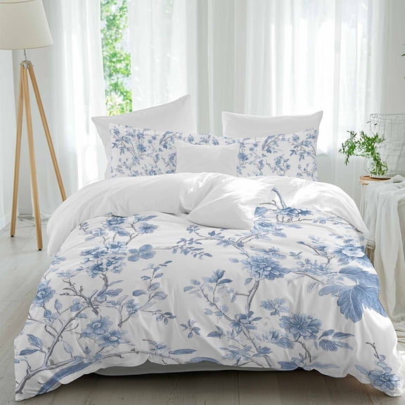 3 Piece Blue White Spring Floral Duvet Cover Set California King,Microfiber Comforter/Quilt Cover with Corner Ties and 2 Pillowcases,Summer Botanical Birds All Season Soft Bedding with Zipper Closure