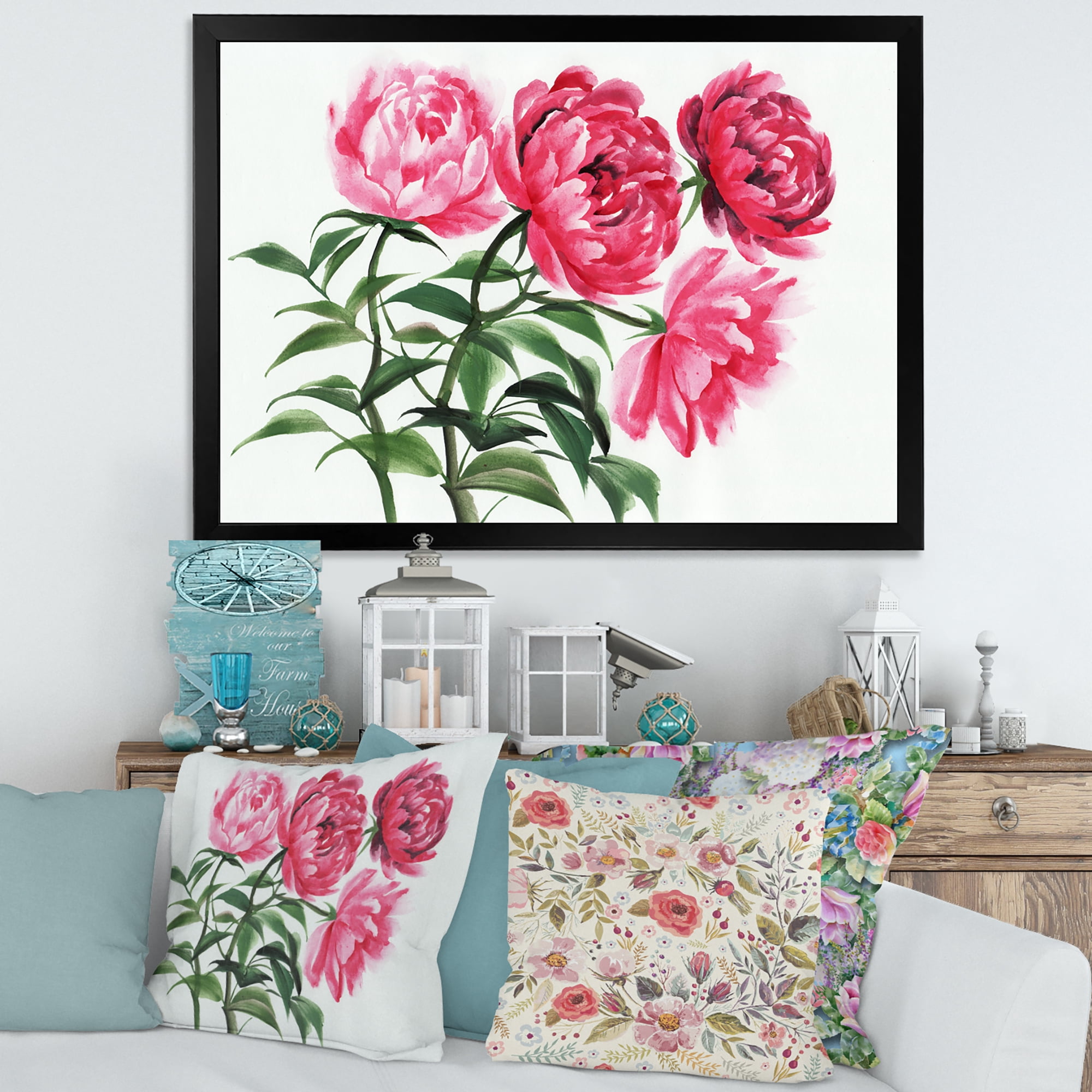 Designart 'Abstract Four Vintage Pink Peonies' Traditional Framed Art Print