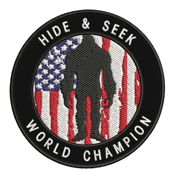 Bigfoot Hide & Seek World Champion 3.5" Iron On Or Sew On Embroidered Fabric Badge Patch Unexplained Mysteries Iconic Series