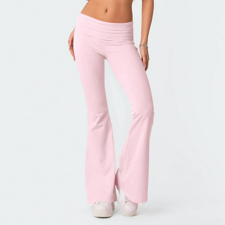 Qcmgmg Flare Bootcut Yoga Pants Stretch Fold Over Slim Fit Pants Y2k Casual  Wide Leg Bell Bottoms Low Rise Womens Lounge Pants Light pink XL 