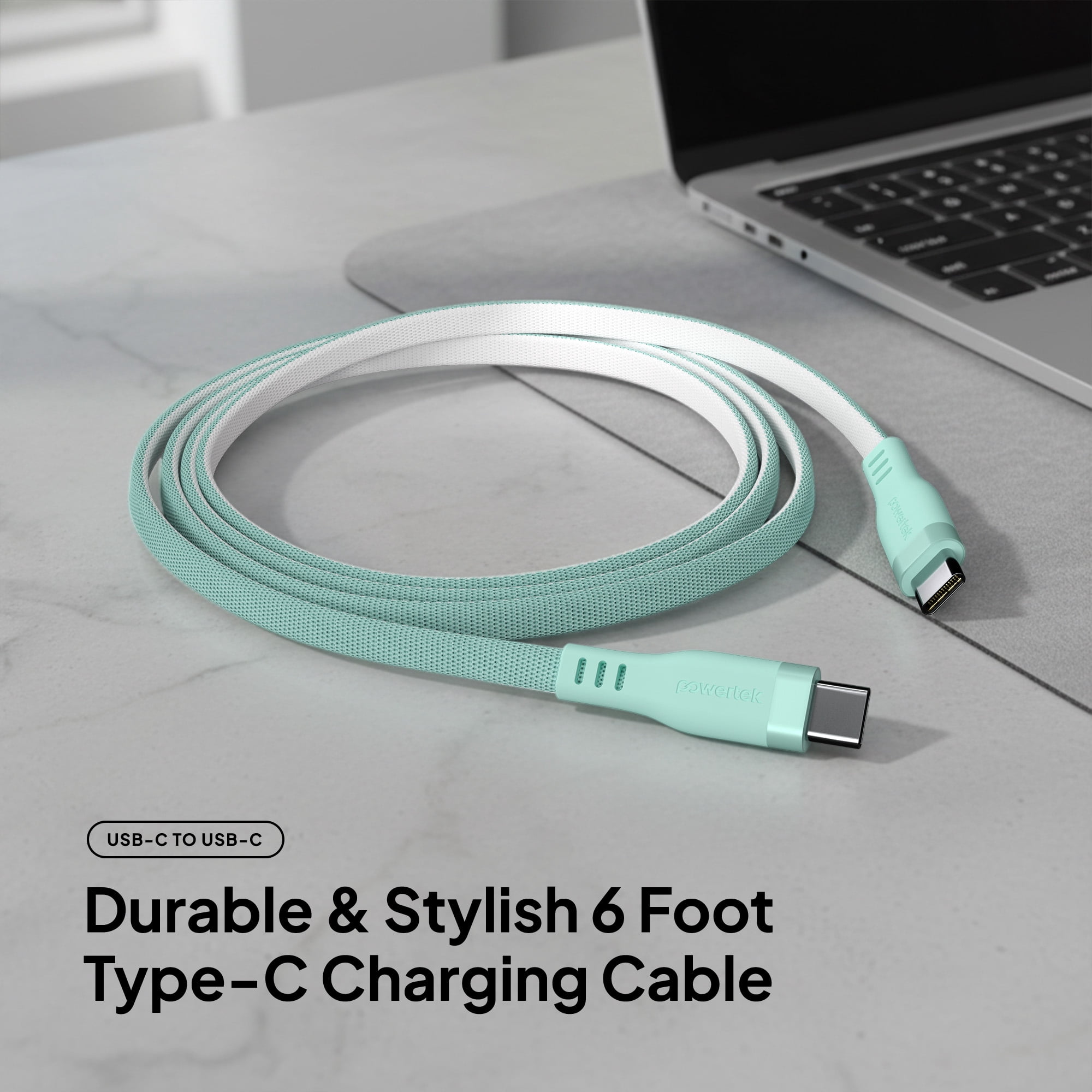 Powertek USB-C to USB-C Two-Tone Pastel Fast Charge Cable, 6 ft, Mint