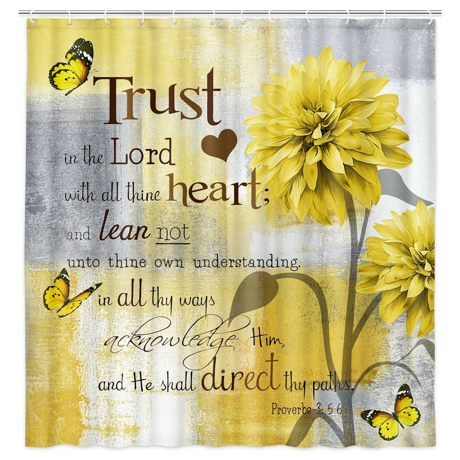 Yellow and Grey Floral Shower Curtain, Rustic Farmhouse Watercolor Dahlia Flower Bathroom Curtains, Modern Minimalist Bible Verse Inspirational Quote Fabric Bathroom Accessories with Hooks, 72X72in