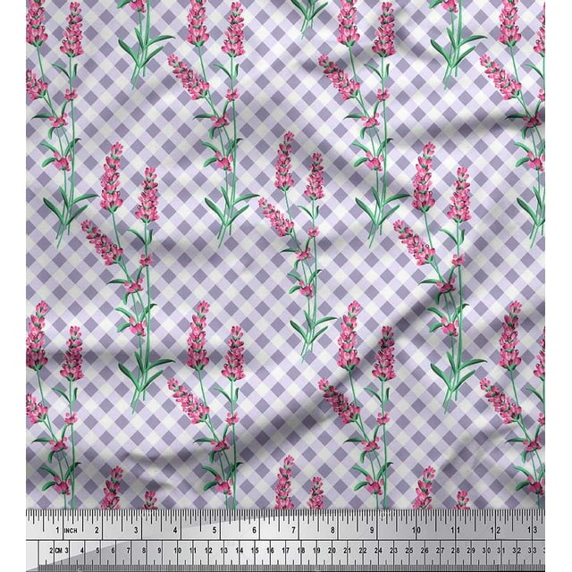 Soimoi Purple Rayon Fabric Check,Leaves & Pink Floral Print Sewing Fabric BTY 42 Inch Wide