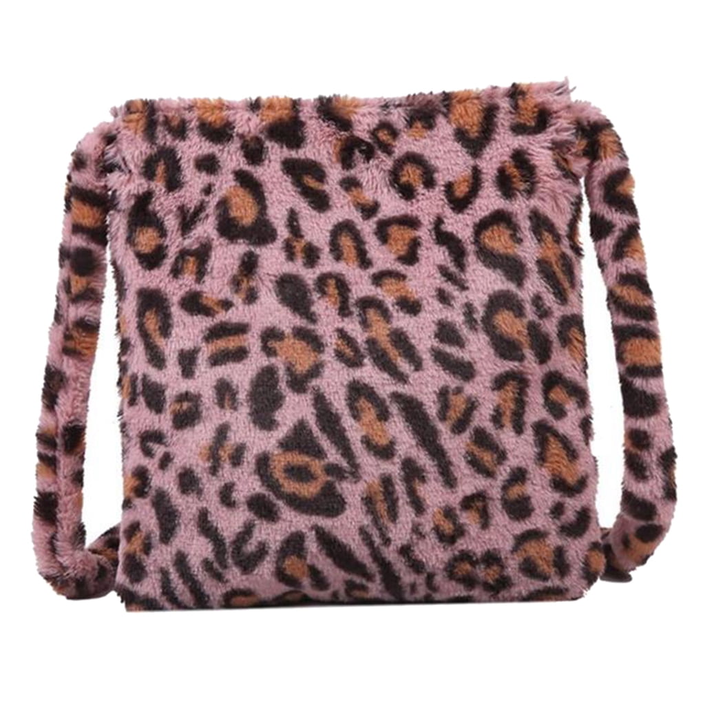 Womens Soft Leopard Print Cross Body Bag Fuzzy Shoulder Bag Clutch Purse  Casual Autumn And Winter Shopping Bag - Pink 