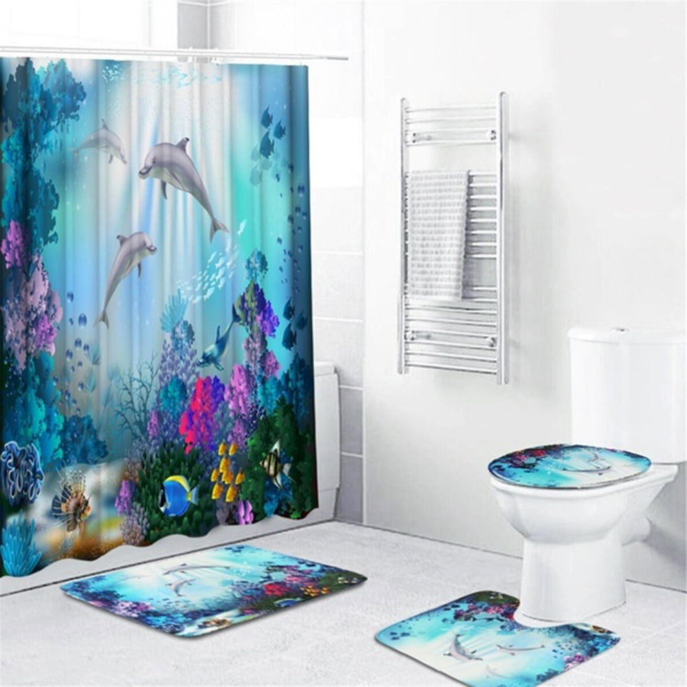 Shower Curtain Dolphins Printed Rings Set Waterproof Mildewproof Bathroom Decor 