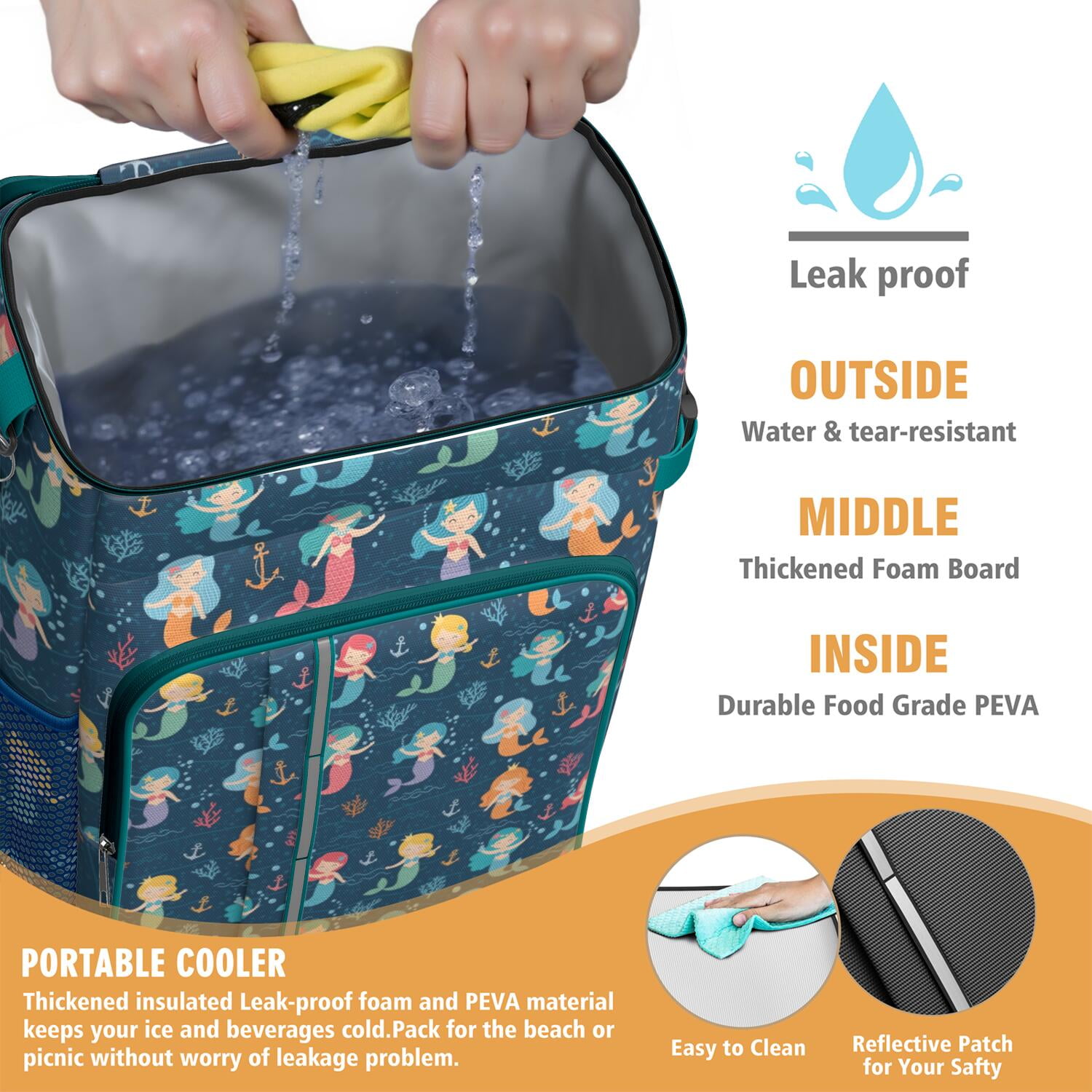 Travel Cooler Bag - Dark Blue Mermaid Pattern Camping Beer Cooler Backpack with Bottle Opener- Waterproof Insulated Picnic Backpacks - Cooler Bag for Beach