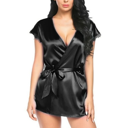

2PC Lingerie For Women Satin Nightdress Silk Lace Lingerie Nightgown Sleepwear Sexy Night Gown