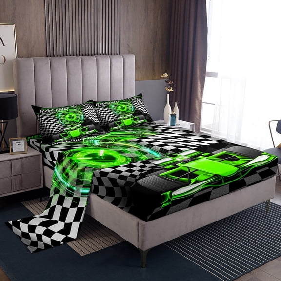Erosebridal Fast Car Sheet Set Twin,Black Green Bedding Sets Twin Size,Car Theme Twin Sheet Sets,Microfiber Geometric Room Decorative,3pcs