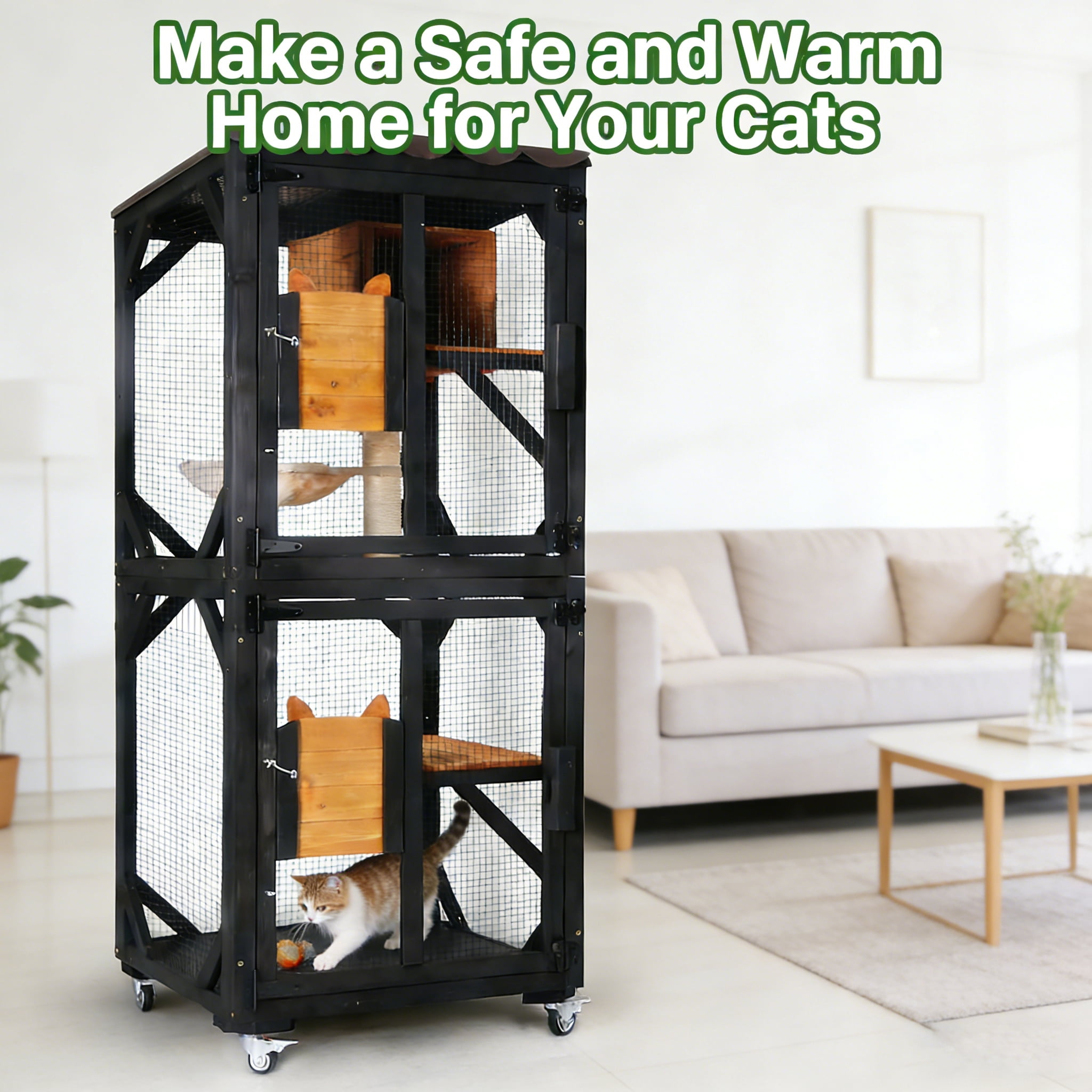 Aivituvin Cat Catio Outdoor Cat House Movable Large Enclosures on Exercise Wheels Kitty Cage with Upgraded Resting Box,Waterproof Cover Black