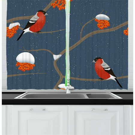 Berry Tree Set - Rowan Curtains 2 Panels Set, Winter Pattern with Snowy Tree Branches Orange Berries and Bullfinch Birds, Window Drapes for Living Room Bedroom, 55W X 39L Inches, Dark Blue Orange Red, by Ambesonne